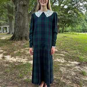 Laura Ashley Vintage Plaid Wool Blend Dress Lace Collar Green Navy USA 10 UK 12